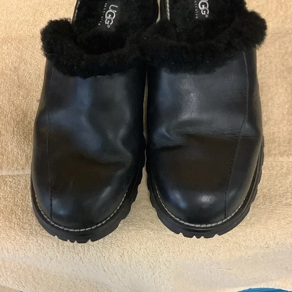 UGG Black Leather Mules with Fur Lining - Picture 6 of 7
